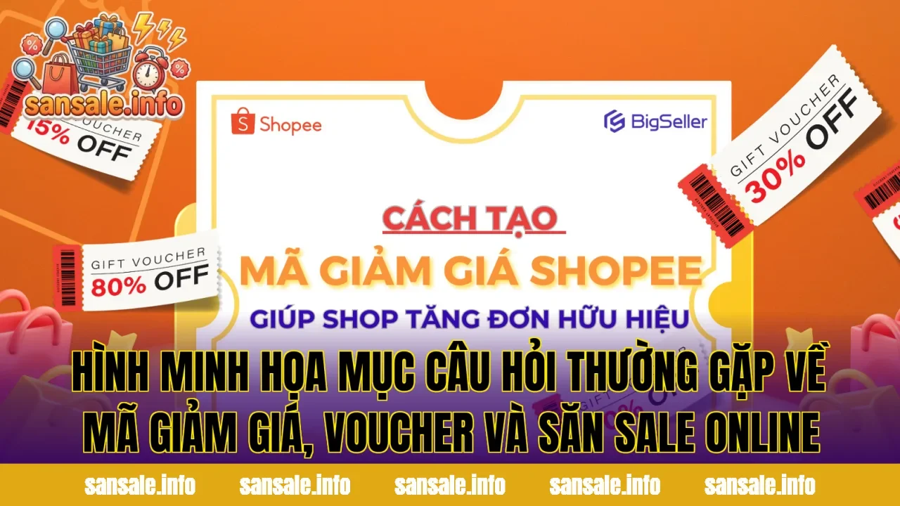 Hình minh họa mục câu hỏi thường gặp về mã giảm giá, voucher và săn sale online